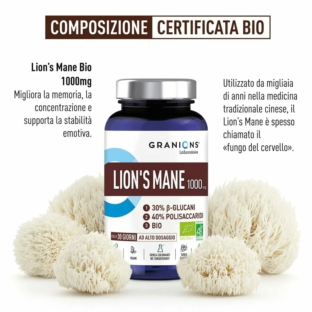 Granions Lion's Mane Bio 1000 mg 90 Capsule Vegetali 40% Polisaccaridi 30% Beta-Glucani KSM Hericium erinaceus Vegan Senza Glutine