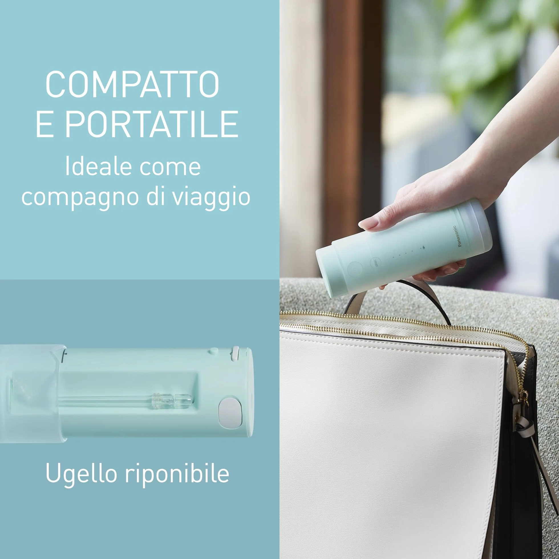 Panasonic EW-DJ4B-G503 Idropulsore, Irrigatore Orale,4 Impostazioni di Pressione dell'Acqua, Compatto e Portatile, Ultrasonica, Serbatoio 150 ml, Ricarica Rapida, Verde Menta e Bianco, 1.0 unità