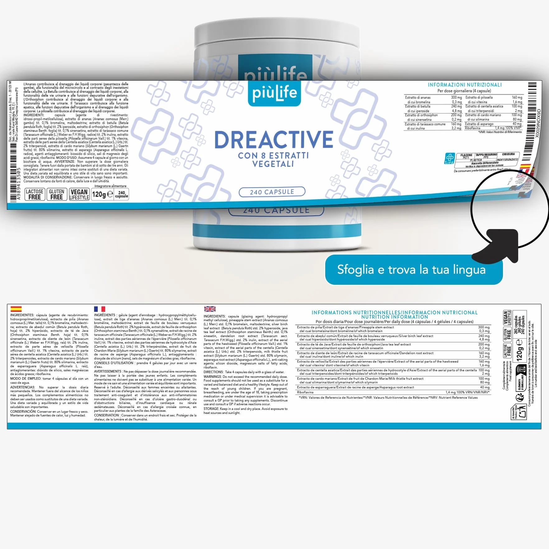 PiùLife Drenante Diuretico Naturale 240 Capsule, 8 Estratti Vegetali, Ananas Bromelina, Centella Asiatica, Betulla, Orthosiphon, Tarassaco, Pilosella, Cardo Mariano, Asparago Detox