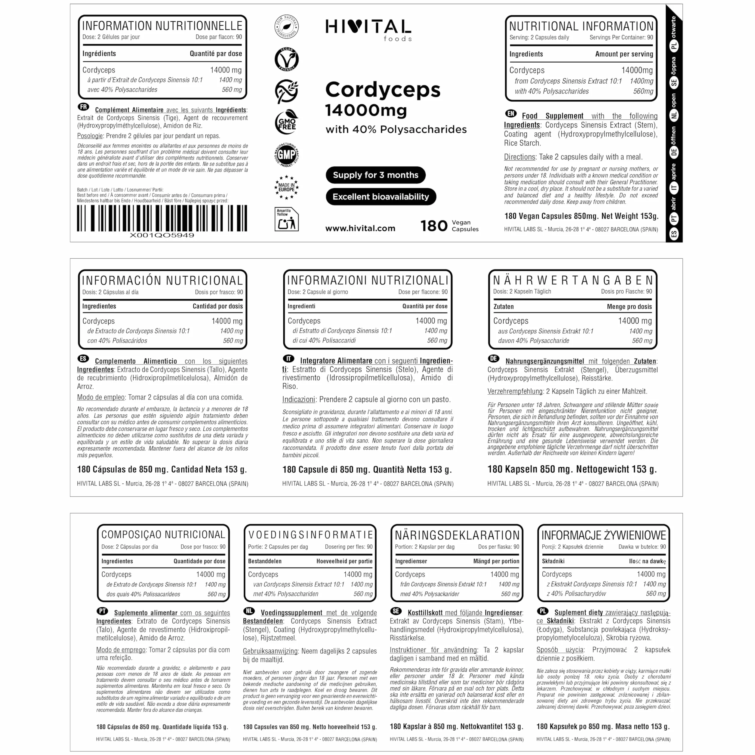 Cordyceps 14000 mg. 180 capsule vegane per 3 mesi di trattamento. Cordyceps Sinensis CS-4 con 40% di Polisaccaridi. Estratto Naturale di fungo. Prodotto in Europa da HIVITAL