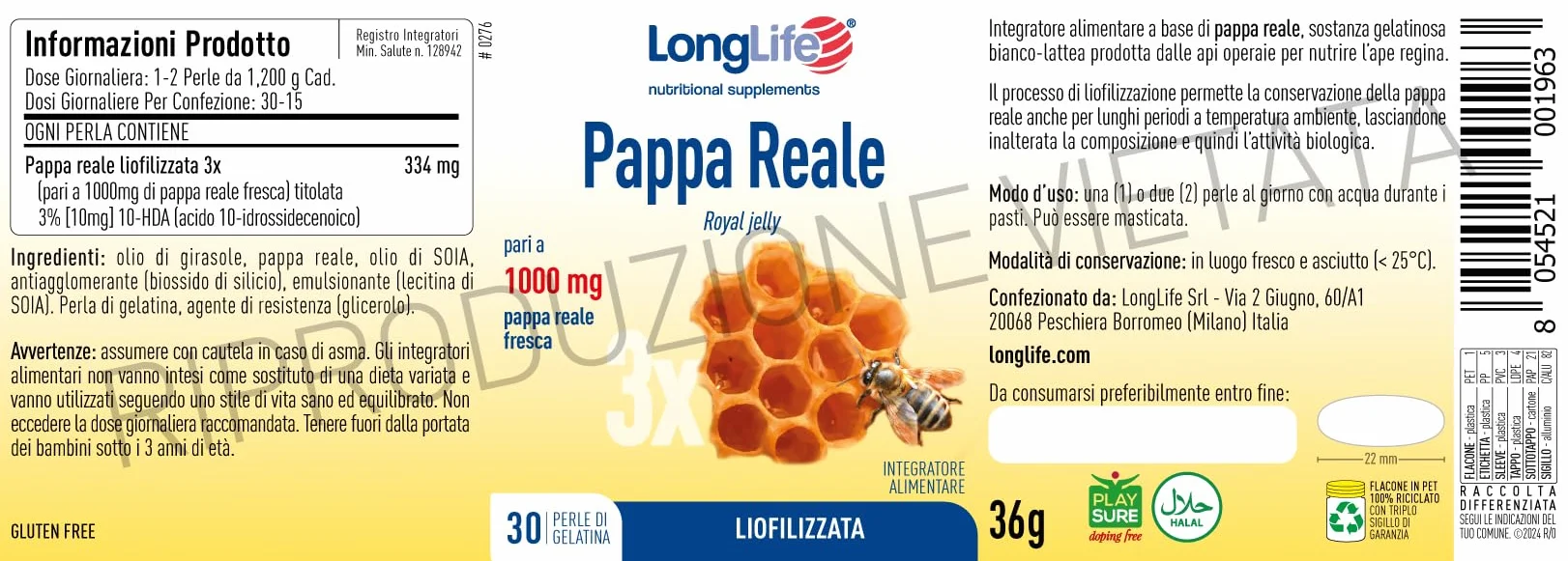 LongLife® Pappa Reale Liofilizzata 1000 mg 3% 10-HDA Antiossidante Senza Glutine