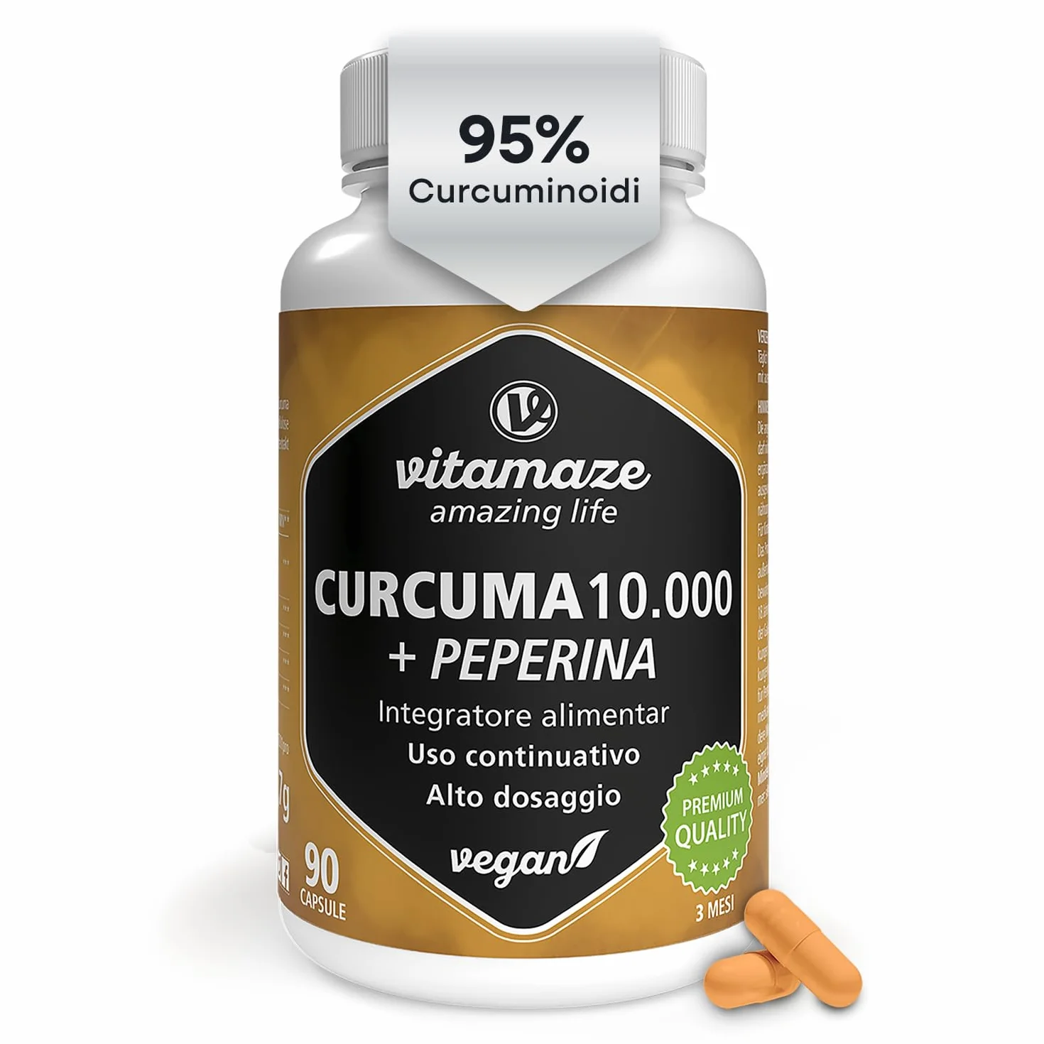 Curcuma Premium 10.000 mg ad Alto Dosaggio 95% Capsule con Curcumina e Piperina Bioattiva (Bioperine), 1 Capsula al Giorno per 3 Mesi, Senza Additivi, Prodotto in Germania, Vitamaze