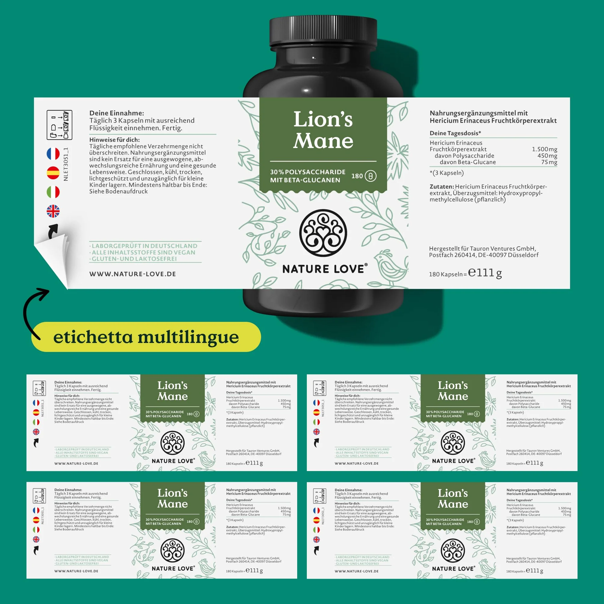 NATURE LOVE® Lions Mane (Hericium Erinaceus) - 180 capsule - Alto dosaggio, 1500mg/dose giornaliera - 30% di polisaccaridi e 5% di beta glucani - Vegano, testato in laboratorio e made in Germany