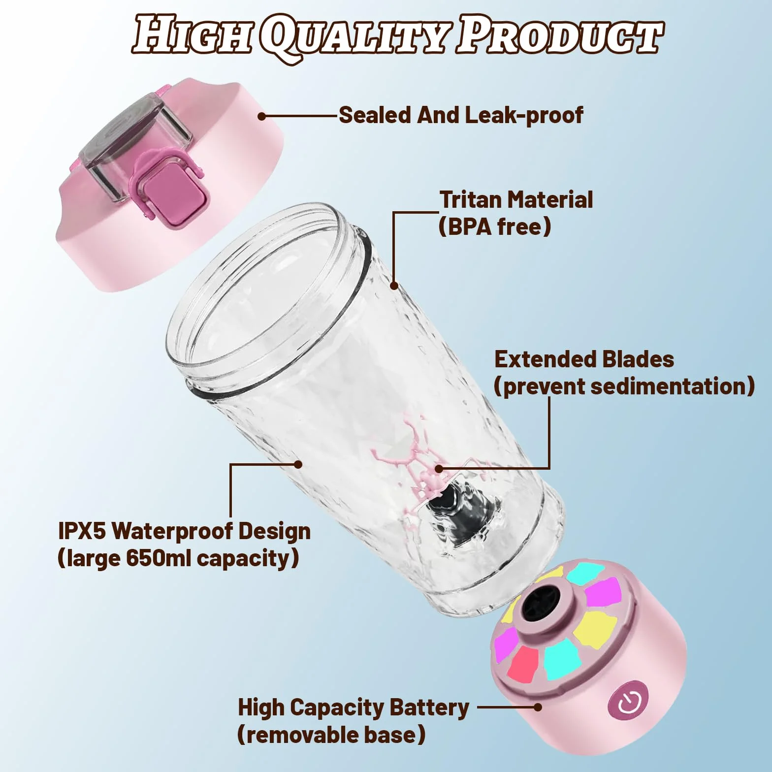 flintronic Bottiglia per Shaker per Proteine, 650 ml Shaker per Proteine Elettrico, Tazze Shaker Ricaricabili USB, Protein Shaker Bottle con Vano Portaoggetti, Senza BPA, per Frullati Proteici