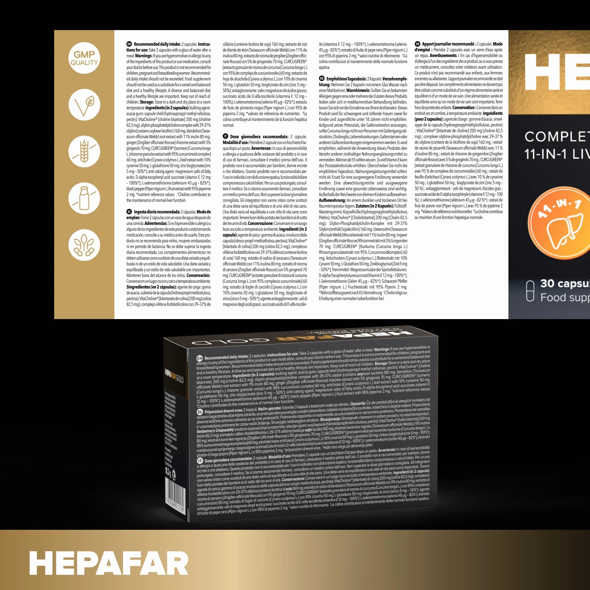 Hepafar Gold Premium Integratore per il Fegato con Glutatione, Curcuma, Cardo Mariano, 60 Capsule, Sensilab