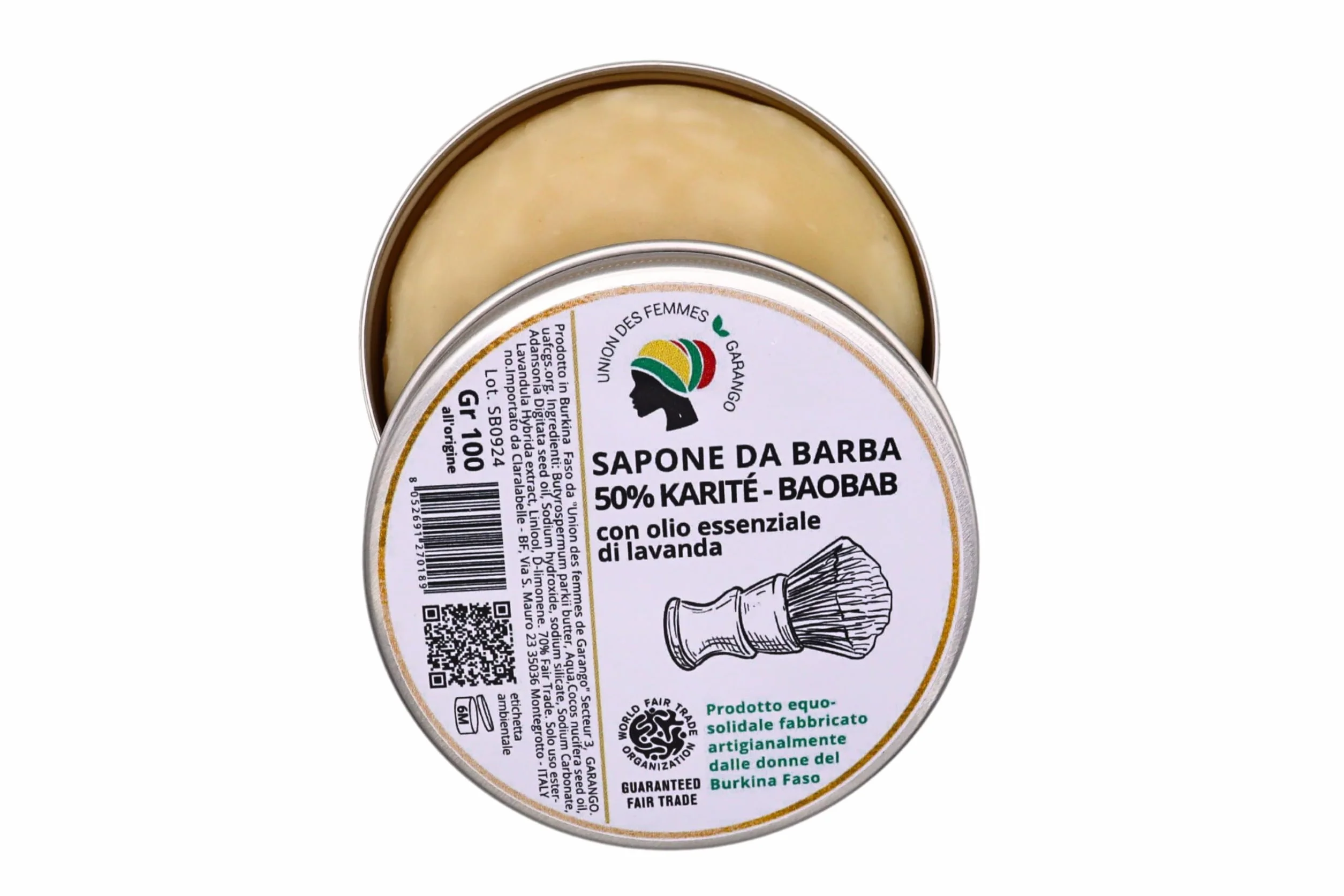 Sapone da barba 50% karité e baobab, con olio essenziale di lavanda (100 gr). Prodotto artigianale ottenuto da impasto a freddo. Cremoso e idratante. Tagliato a mano.