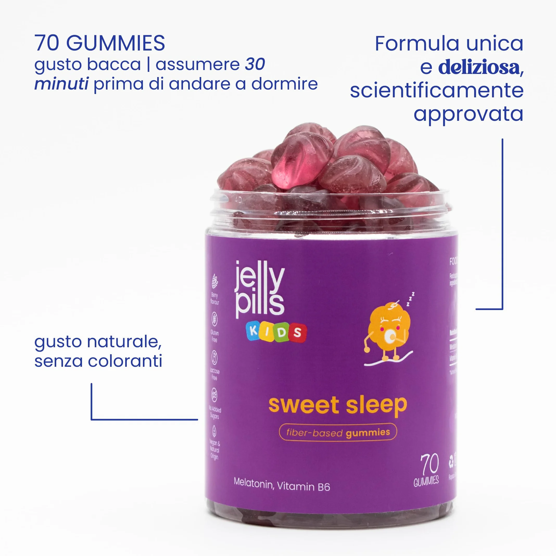 Melatonina Bambini 0,5 mg + Vitamina B6 70 Gummies Vegane Senza Zuccheri Gusto Frutti di Bosco