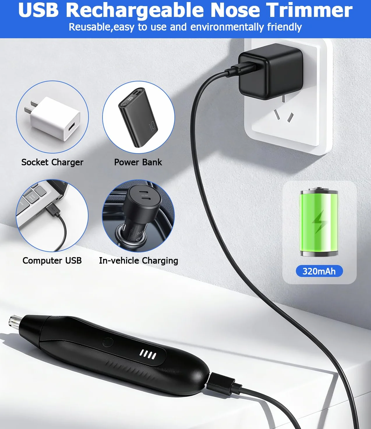 Profesjonalny trymer do nosa i uszu 2 w 1 LED USB, maszynka do golenia metalu