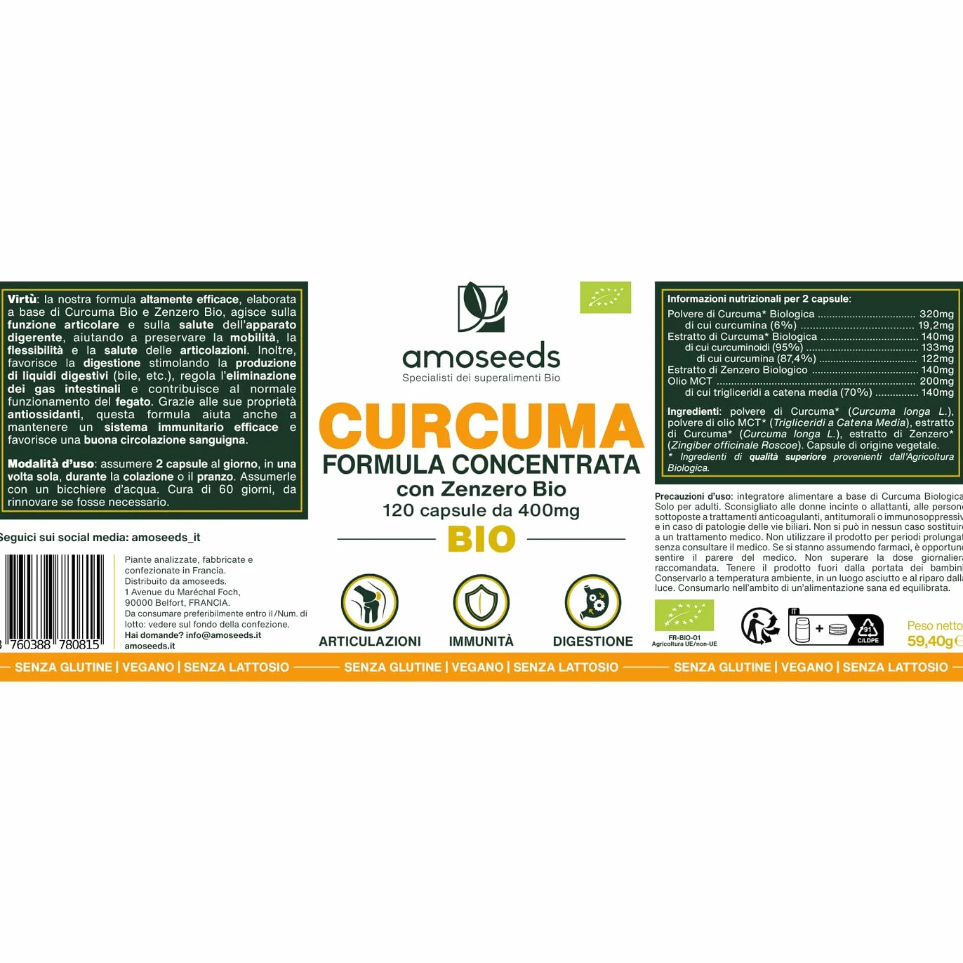 Curcuma BIO con Zenzero 95% curcuminoidi 120 capsule Alta concentrazione