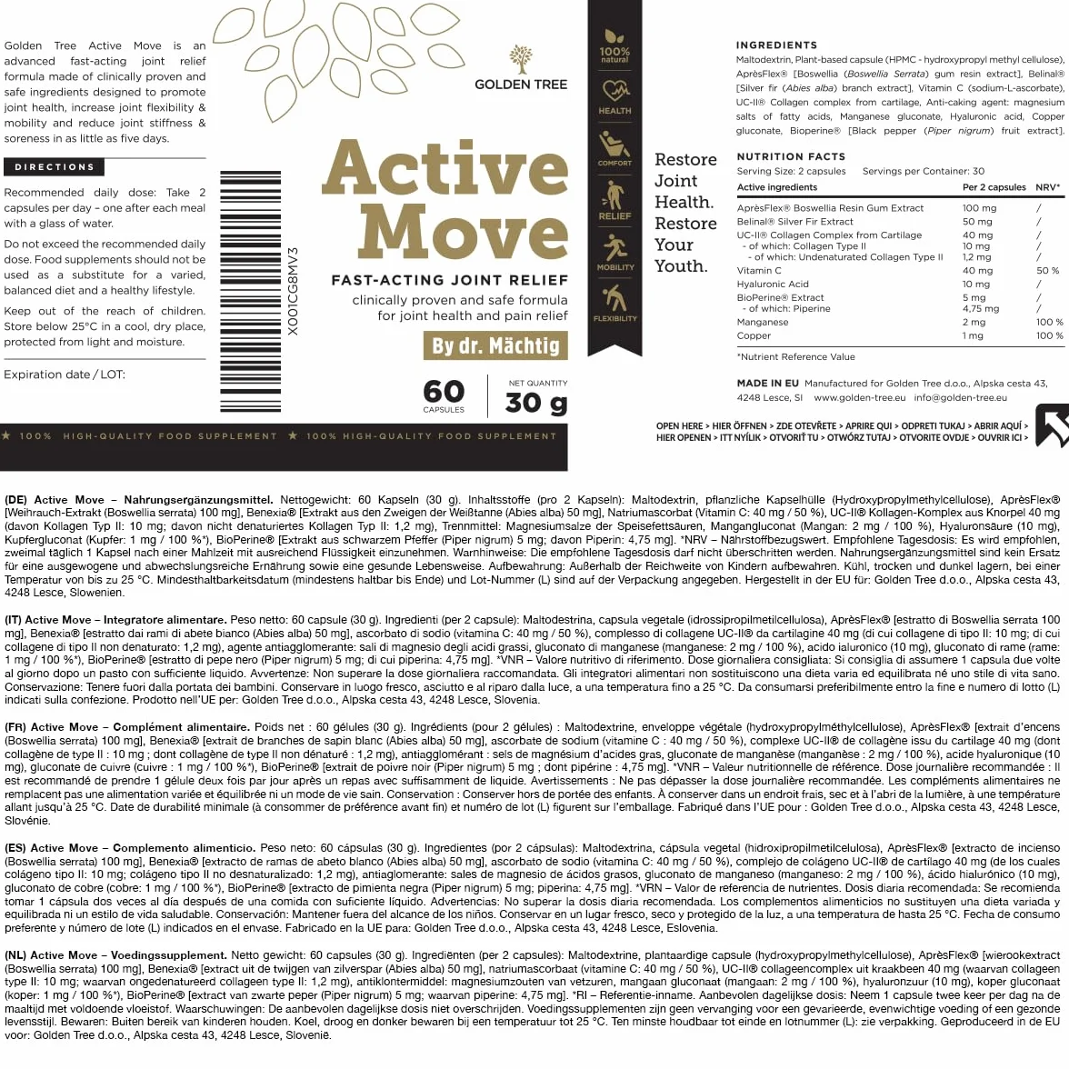 Golden Tree Active Move Integratore Articolazioni Boswellia Acido Ialuronico Collagene UC-II Vitamina C 60 Capsule