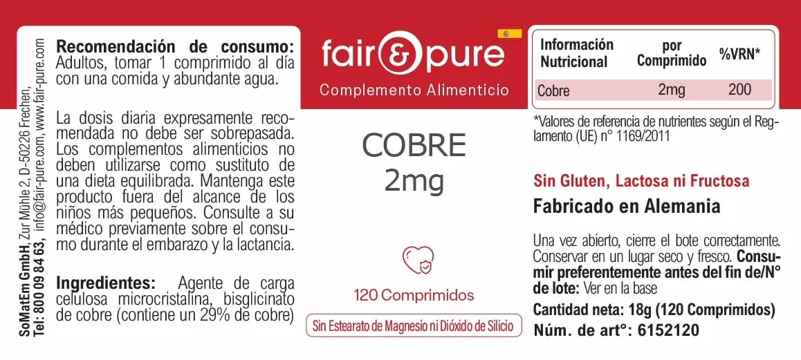 Fair & Pure® - Rame bisglicinato 2mg - Integratore di rame - Buona disponibilità biologica - Vegan - 120 Compresse