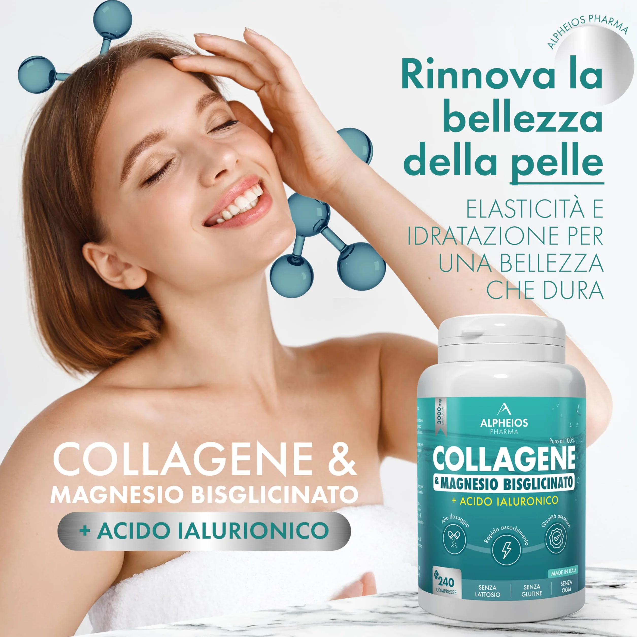 Collagene e Acido Ialuronico + Magnesio Bisglicinato 240 Compresse 3000 mg Integratore Articolazioni Ossa Pelle
