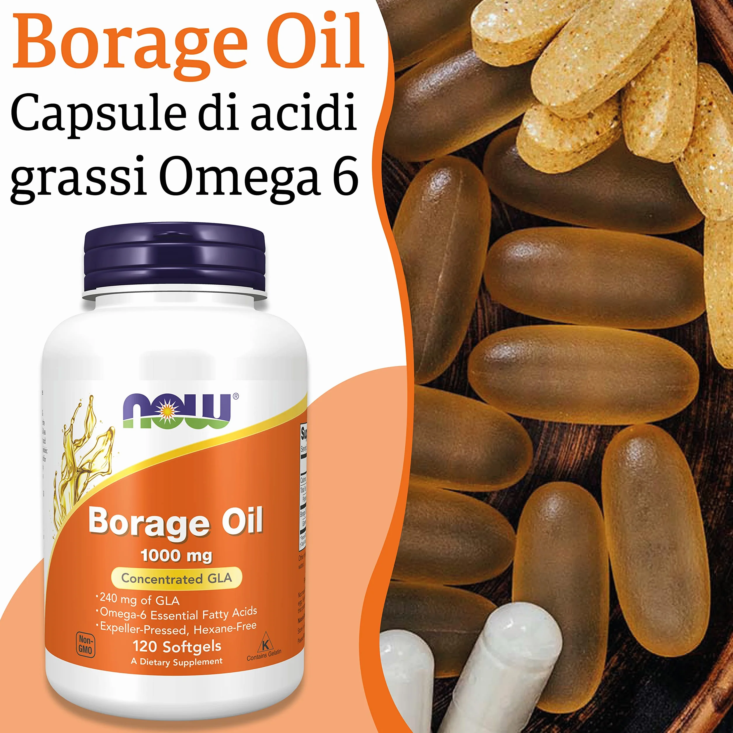 Now Foods Borage Oil 1000mg 120 Softgels Non-GMO Senza Glutine