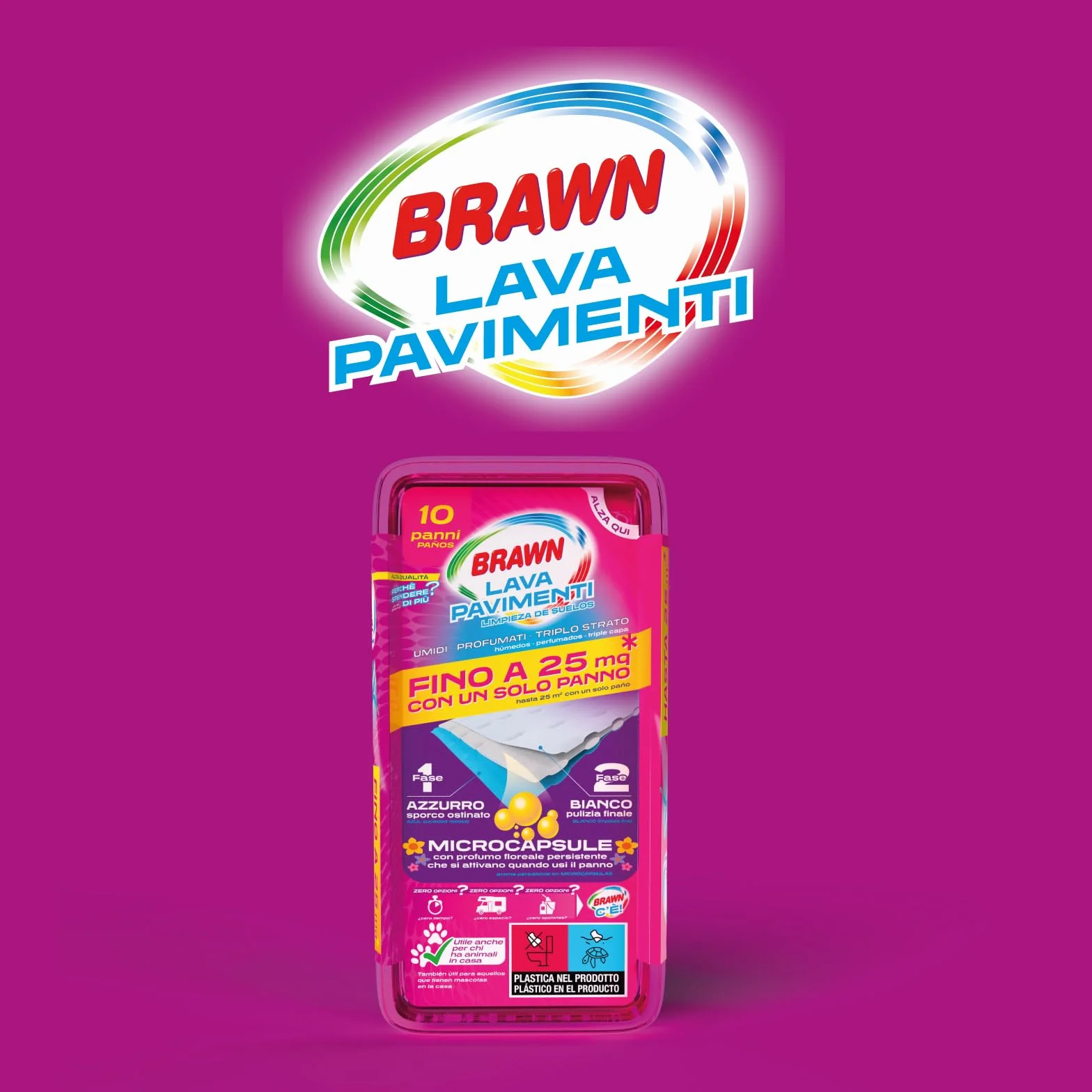 Brawn Lavapavimenti Panni Umidificati Microcapsule Profumate Tessuto Ultra Spesso Triplo Strato 25 mq Confezione 10 Panni