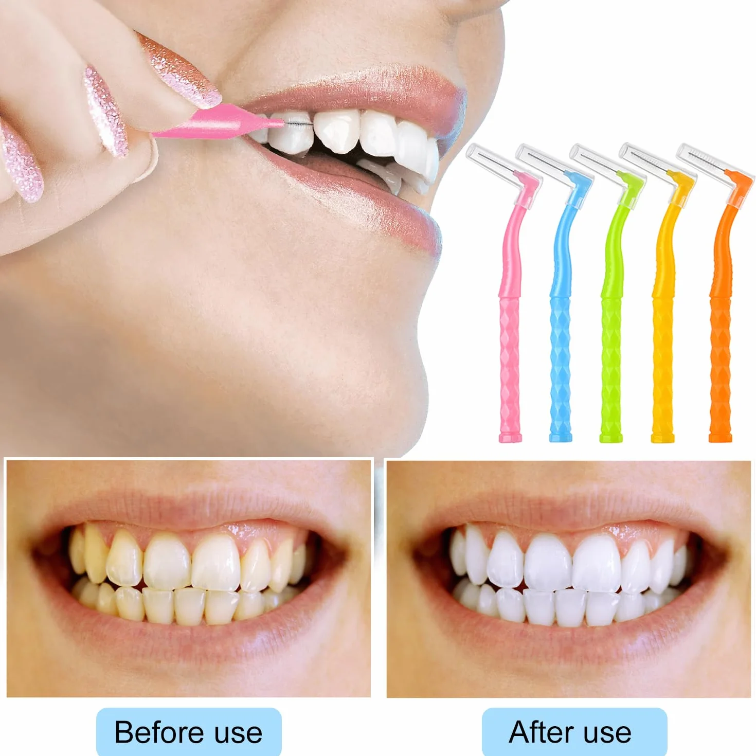 Spazzolini Interdentali Angolati Morbido 50 Pezzi con Coperchio, Scovolino per Pulizia Denti Rimuove Placca (5 Colori e 5 Misure)
