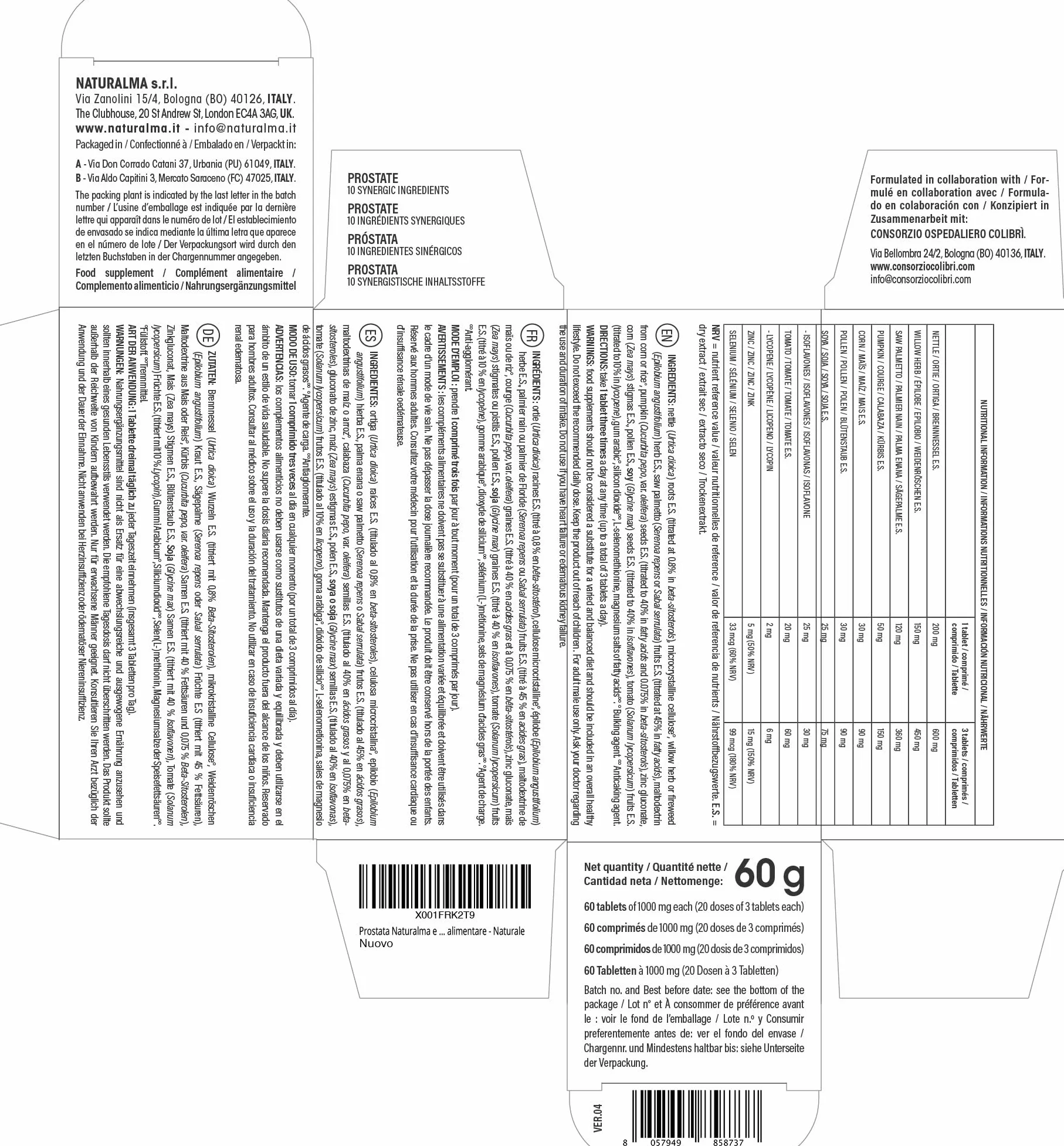 Naturalma Consorzio Colibrì Prostata 60 compresse 1000 mg Integratore alimentare Ortica Epilobio Serenoa Zucca