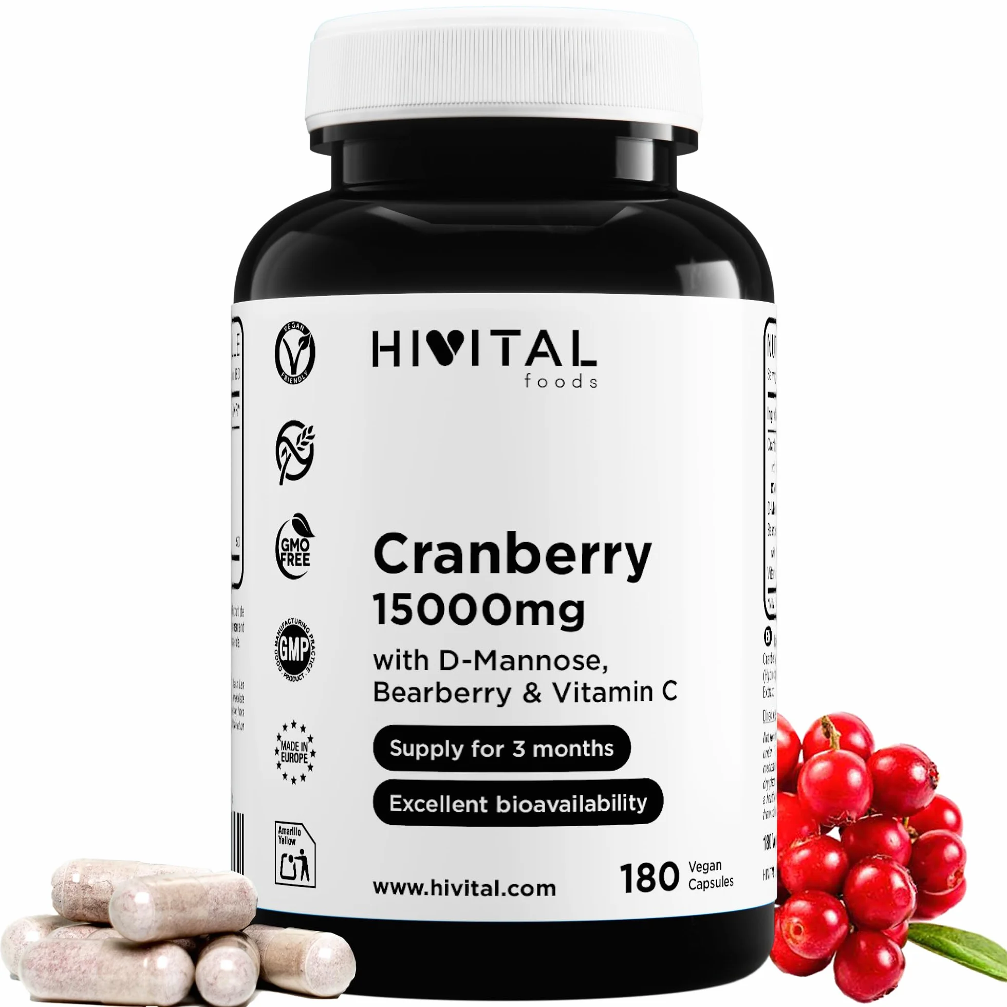 Mirtillo Rosso Americano 15000 mg. 180 capsule vegane per 3 mesi di trattamento. Con D-Mannosio, Uva Ursina e Vitamina C. 100% Cranberry Naturale. Prodotto in Europa da HIVITAL
