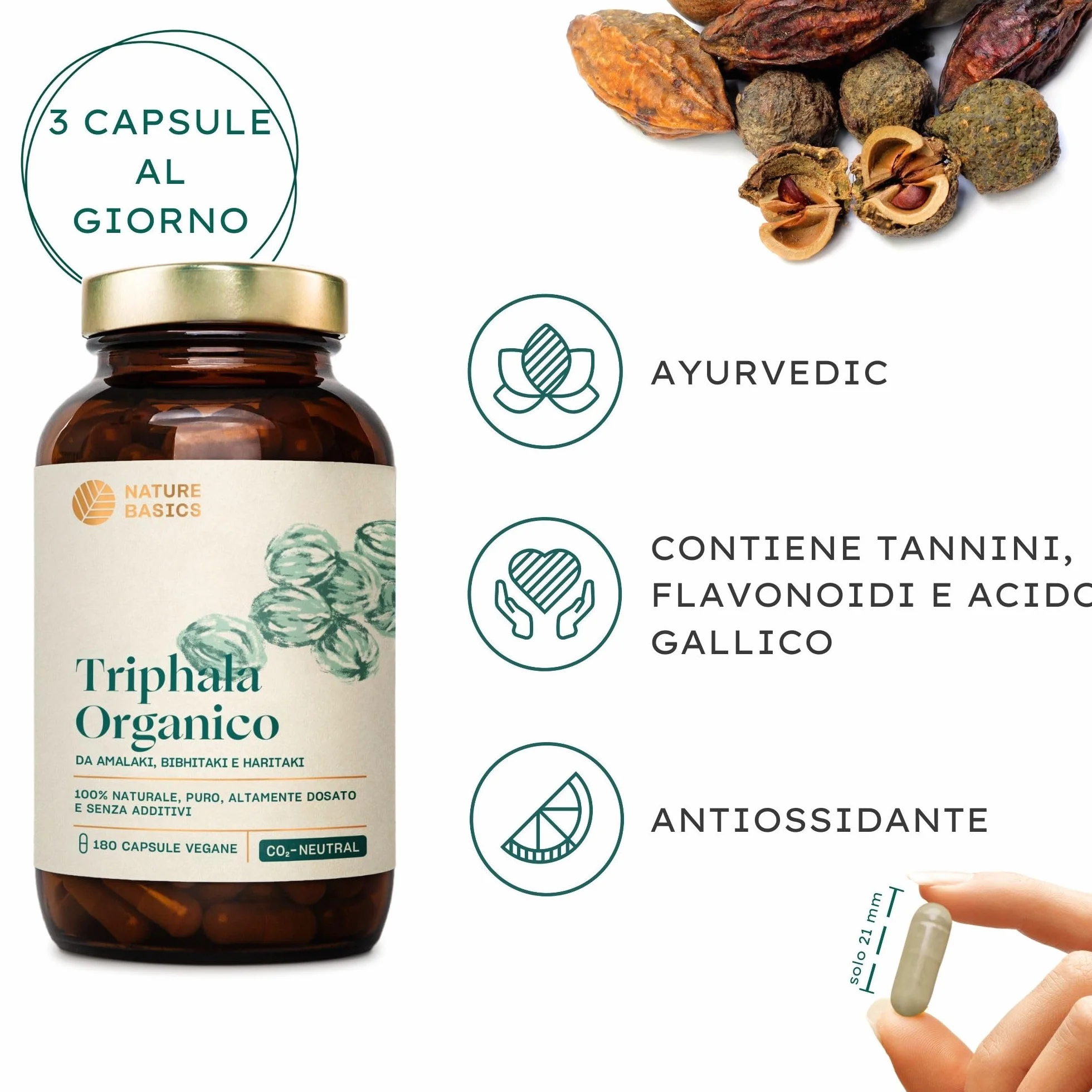 Nature Basics® BIO Triphala capsule certificate e in barattolo | Triphala ayurvedica altamente dosata con 1.500 mg per dose giornaliera | 180 capsule testate in laboratorio e provenienti da DE