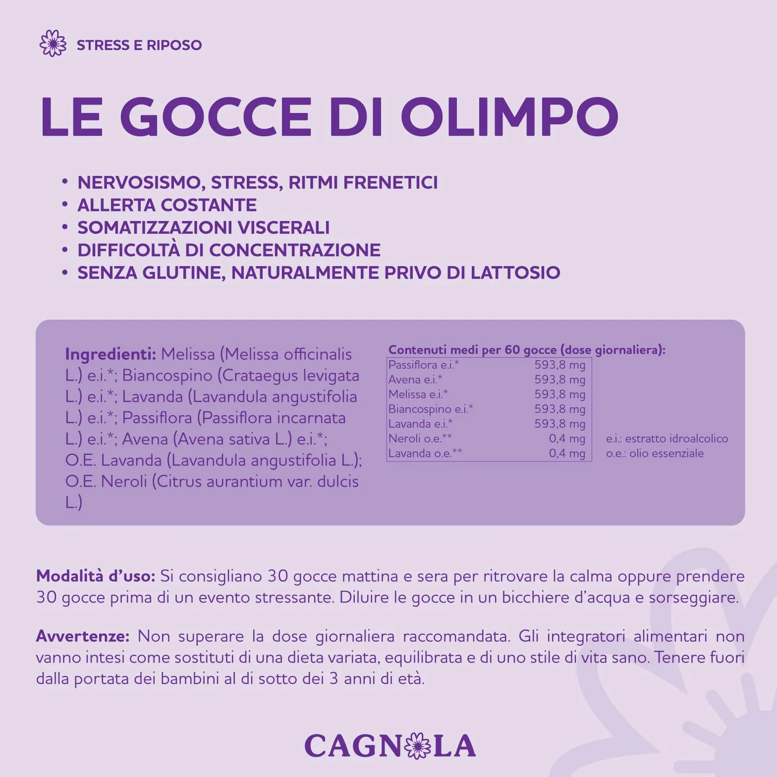 CAGNOLA Integratore Naturale Ansia Stress Gocce Rilassanti 50 ml Melissa Passiflora Lavanda
