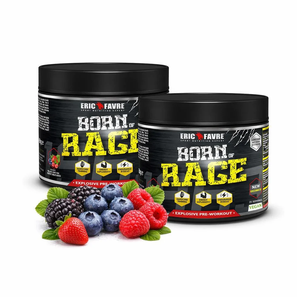 PRE- WORKOUT Born Of Rage - Polvere esplosiva vegana - Miglioramento muscolatura - Energia e resistenza - Anti fatica per allenamenti intensivi - Lotto di 2 x250 g - Laboratorio francese Eric Favre