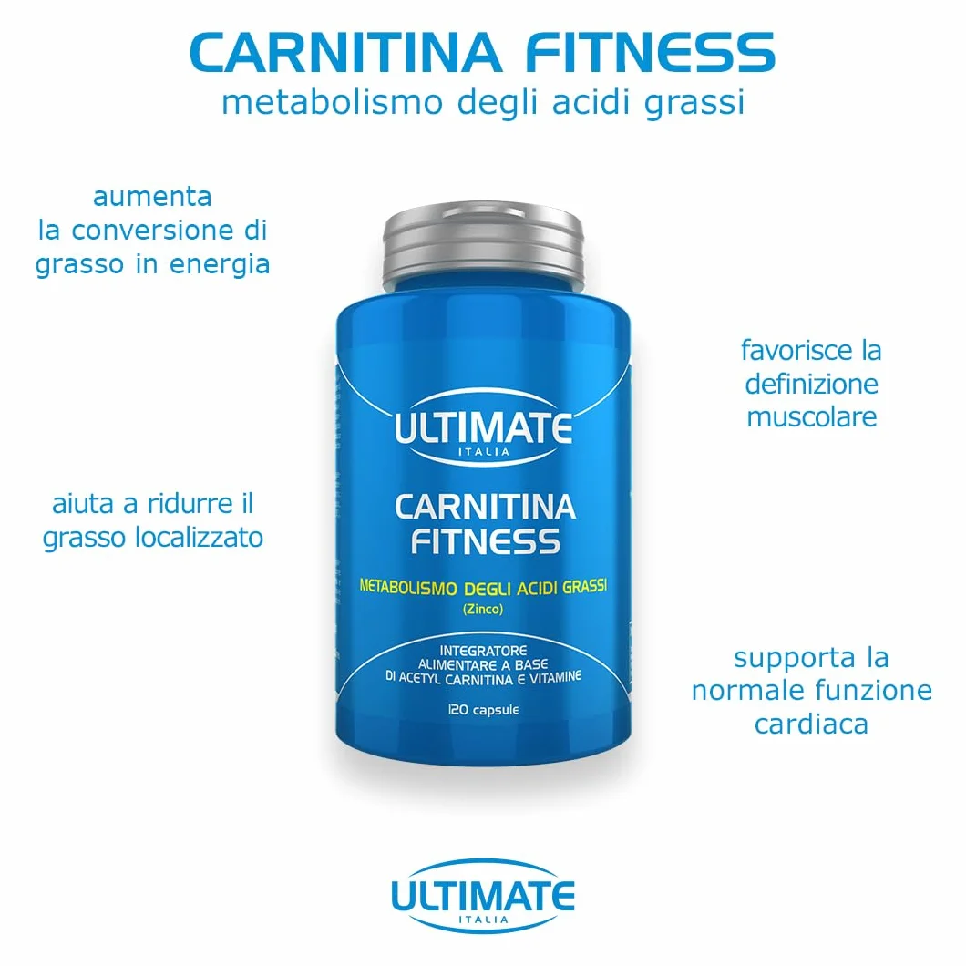 Ultimate Italia Carnitina Fitness 120 capsule integratore alimentare acetyl carnitina vitamine zinco senza glutine lattosio