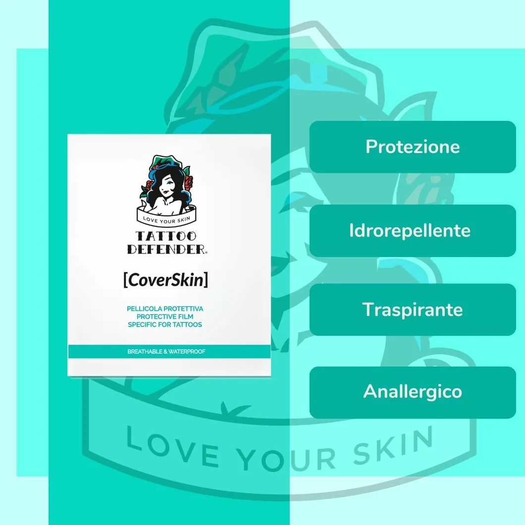 Tattoo Defender - CoverSkin Fogli - 4 Fogli Di Pellicola In Poliuretano - Pellicola Protettiva Per La Cura Dei Tatuaggi - Traspirante Ed Idrorepellente - Marchiato CE