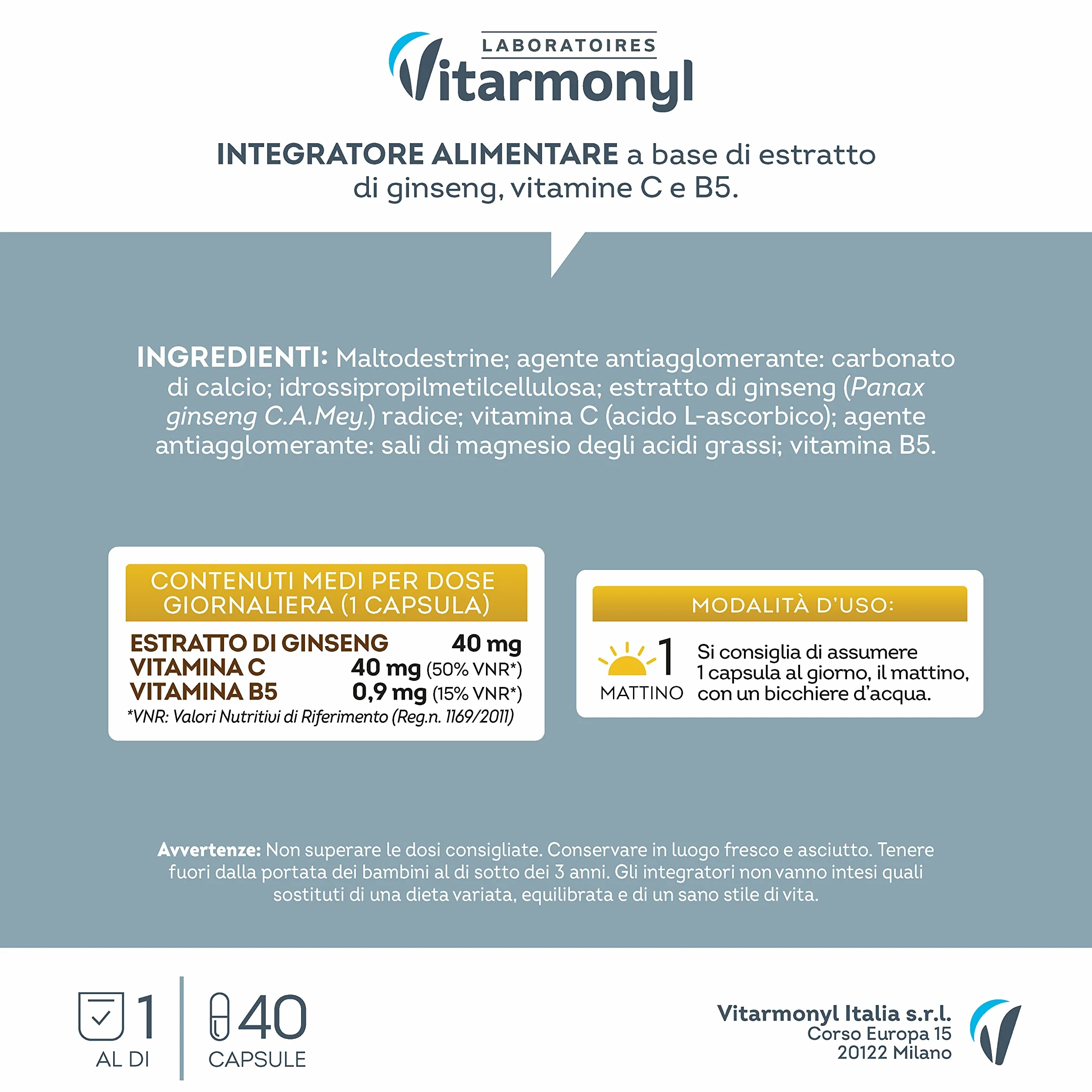 Vitarmonyl Ginseng Plus Tonico Integratore Alimentare 40 Capsule Estratto di Ginseng Vitamina C B5