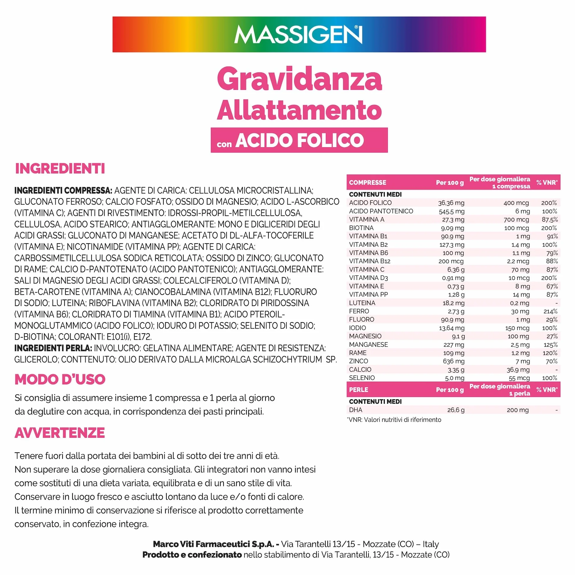 Massigen DailyVit+ - Multivitaminico, Gravidanza e Allattamento, Senza Glutine, In grado di Favorire lo Sviluppo fisiologico Cerebrale e degli Occhi del Feto, 30 Compresse da 11 g + 30 Perle da 700 mg