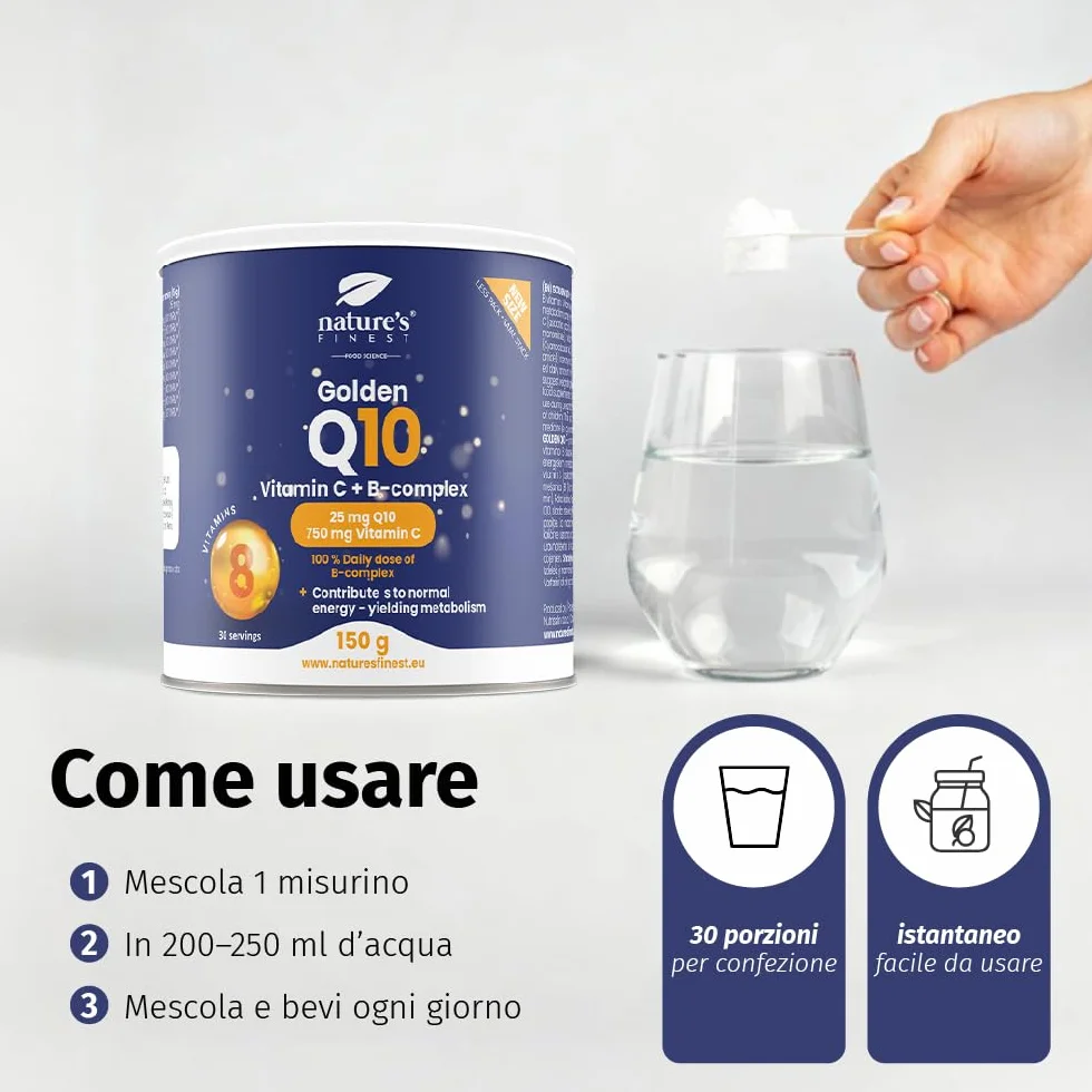Nature's Finest Golden Q10, 150 g - Coenzima Q10 con Vitamina C in Polvere e Complesso Vitamina B - Integratore Alimentare in Polvere Gusto Arancia