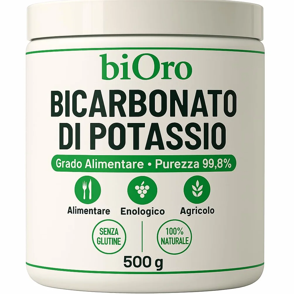 BICARBONATO DI POTASSIO Alimentare biOro 99,8% – 500g – Regolatore Acidità, Antifungino Naturale, Uso Enologico e Agricolo – Grado Alimentare Qualità Premium – Senza Glutine
