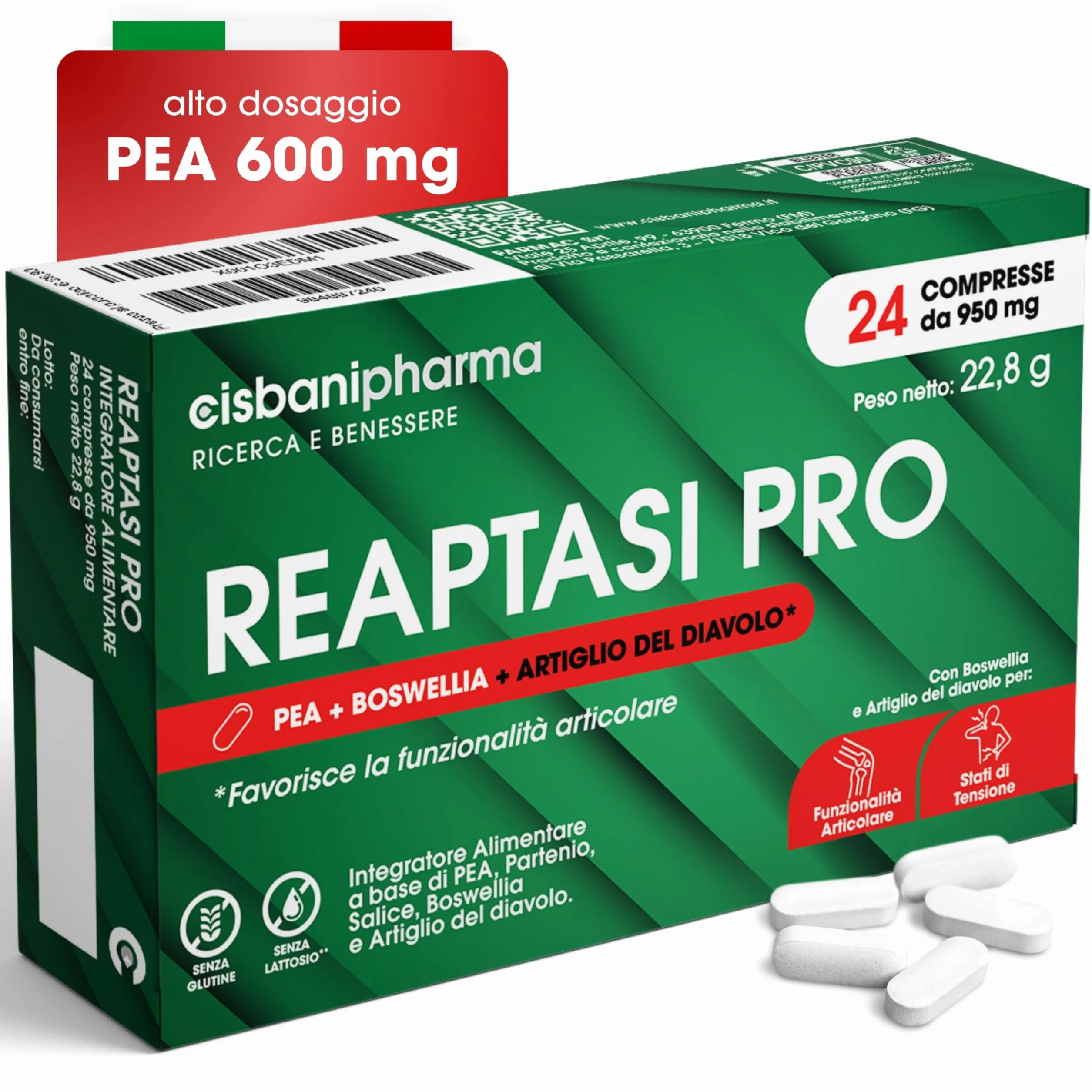 CISBANI PHARMA Reaptasi Pro, Integratore Articolazioni, Favorisce la Normale Funzionalità Articolare, con PEA, Artiglio del Diavolo, Boswellia e Partenio – 24 Compresse