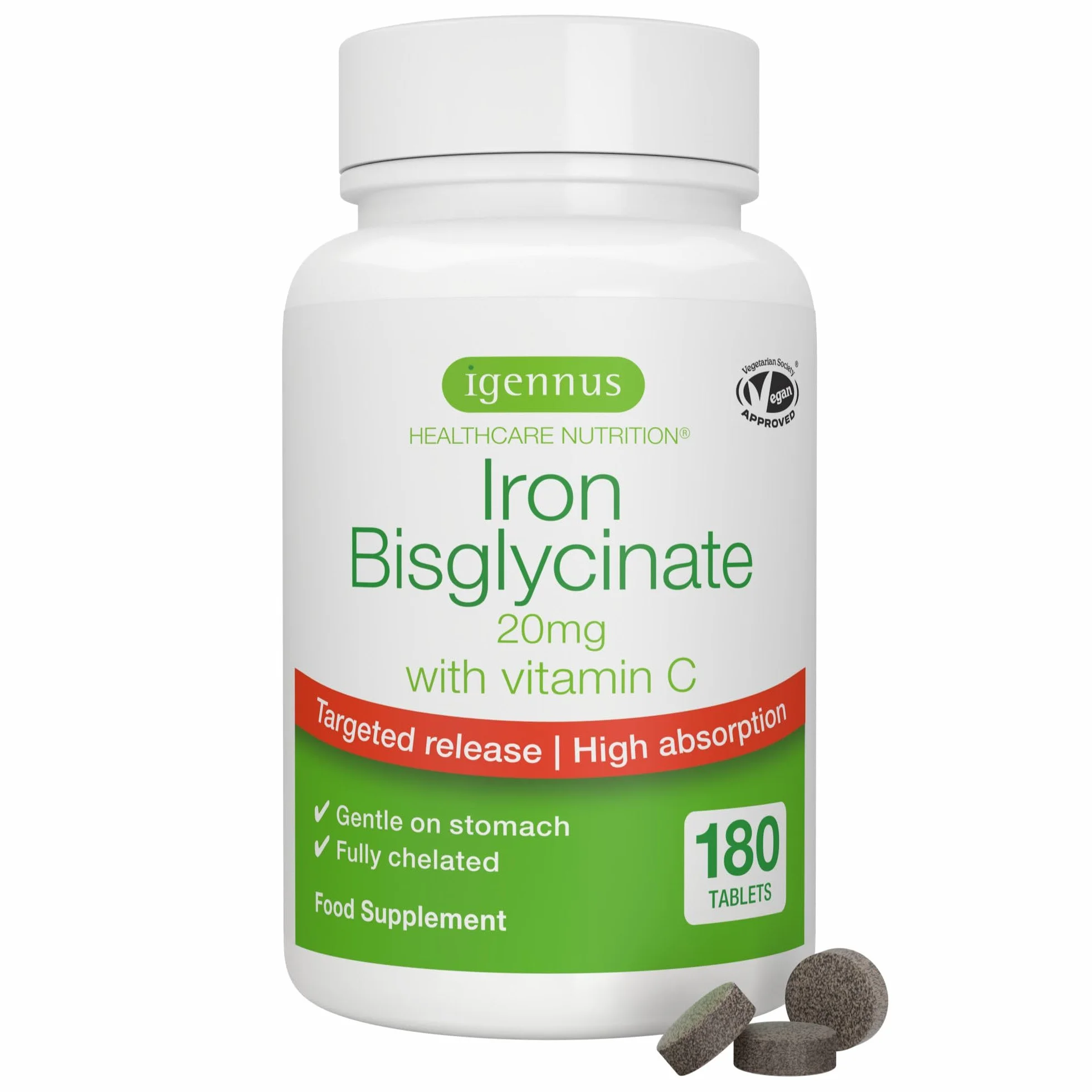 Igennus Ferro Bisglicinato 20mg con Vitamina C 100mg, Alto Assorbimento e Rilascio Mirato, Delicato sullo Stomaco, Integratore Ferro per Stanchezza, Ingredienti Puri, 180 Compresse Vegane, 1 al giorno