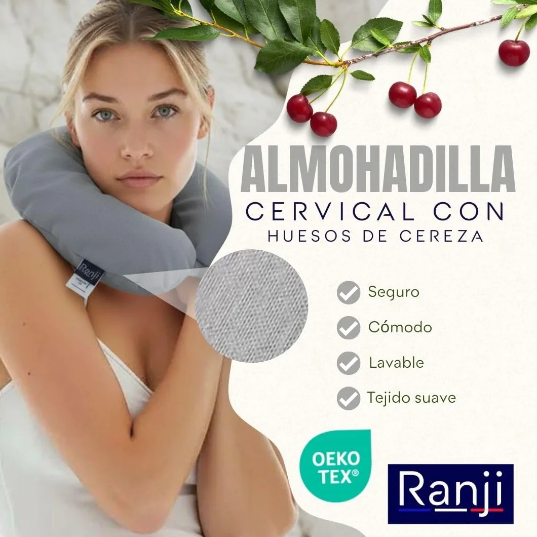 RANJI – Cuscino Termico con Noccioli di Ciliegia per Microonde | Cuscino Cervicale per Dolori al Collo e Spalle | Sacchetto Riscaldabile Naturale, Lavabile e Riutilizzabile (Gris)