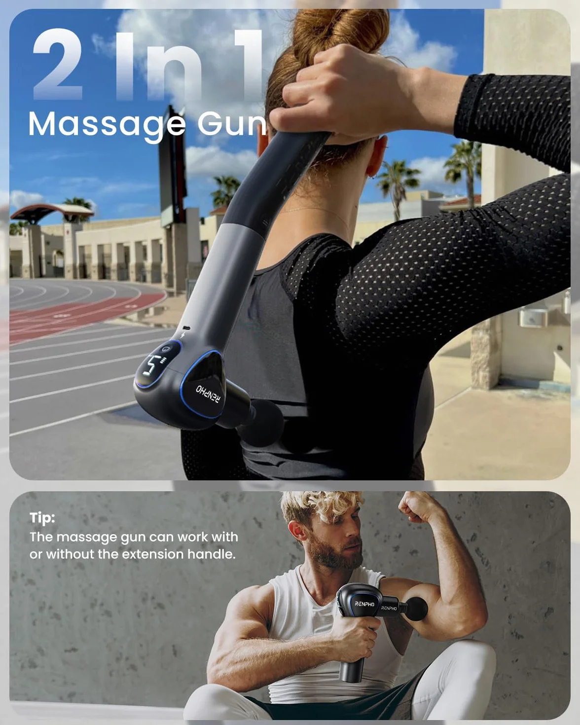 Pistola Massaggio Muscolare con Manico Staccabile, RENPHO Reach pistola per massaggi, 5 velocità, 4 testine massaggianti, LED, 2 in 1 Massaggiatore a Percussione Profonda, Nero