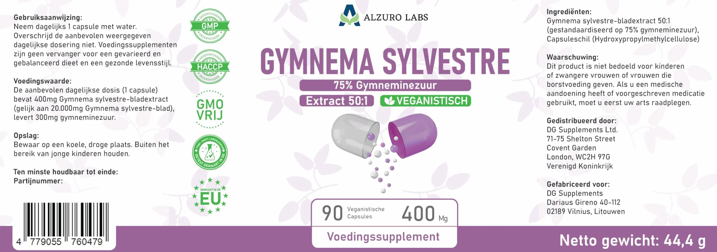 Gymnema Sylvestre 20,000mg Estratto 50:1 400mg 75% Acido Gymnemico 90 Capsule Vegane