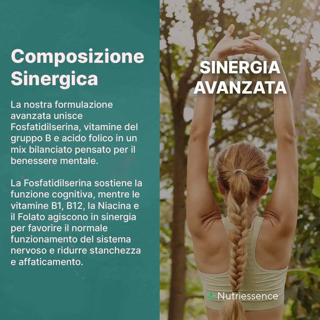Fosfatidilserina 500 mg | Maxi Dosaggio Formato 60 Capsule | 2 Mesi di Rifornimento | Con Vitamine B1, B3, B9 e B12 | Migliora Memoria, Concentrazione e Focus Mentale |Senza Glutine e Lattosio