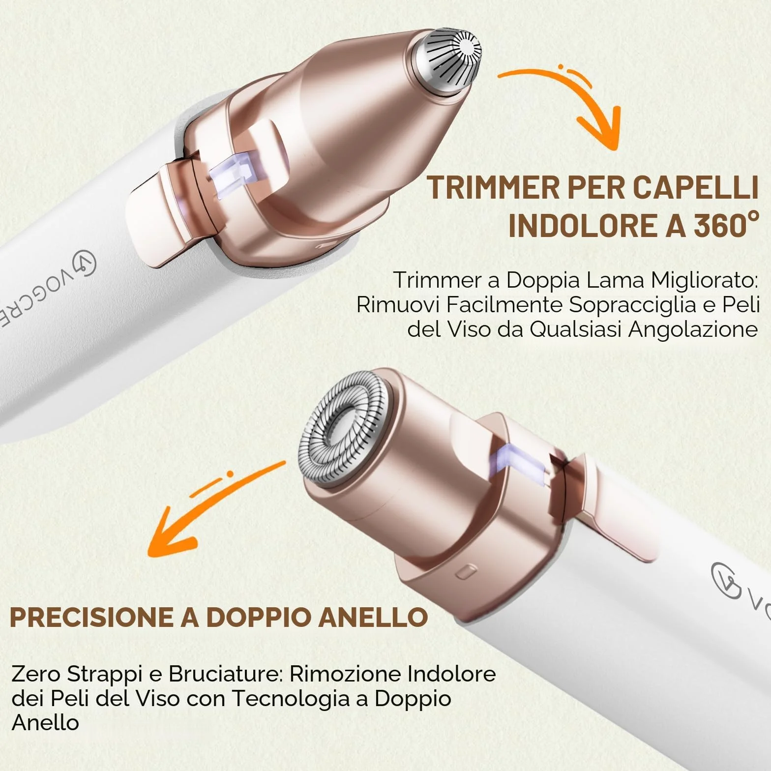 Rasoio per viso per donna: Rasoio elettrico 2 in 1 per il viso e le sopracciglia - luce LED integrata per la rimozione dei peli del viso delle labbra e del corpo delle (Bianco)