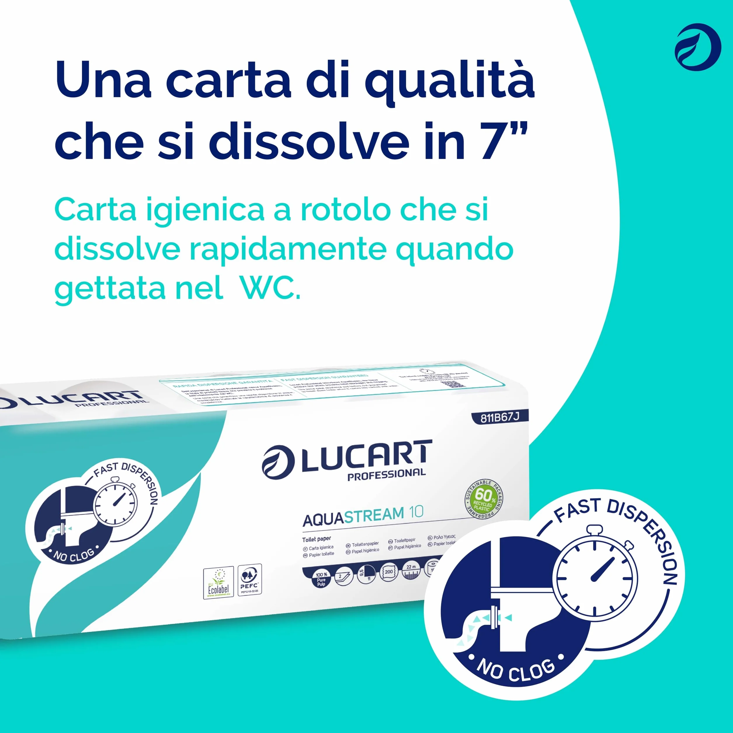 Lucart Professional AquaStream 10 Carta Igienica a Rotolo in pura cellulosa 10 Rotoli da 200 strappi 9,5x11 cm