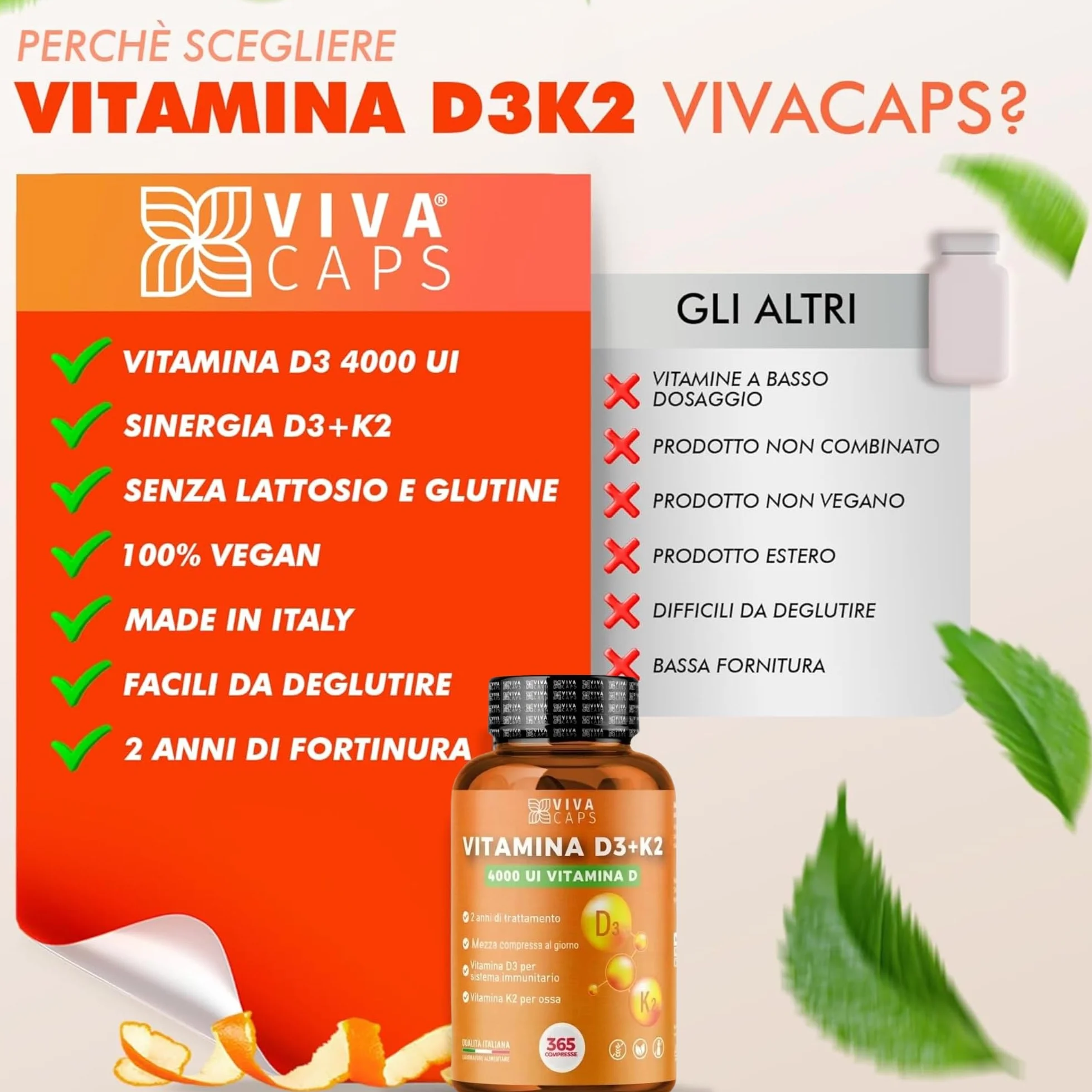 Vitamina D3 K2 MK7 Vegana Alto Dosaggio 365 Micro Compresse 4000 UI 200 mcg Menachinone Sistema Immunitario Ossa Denti Made in Italy