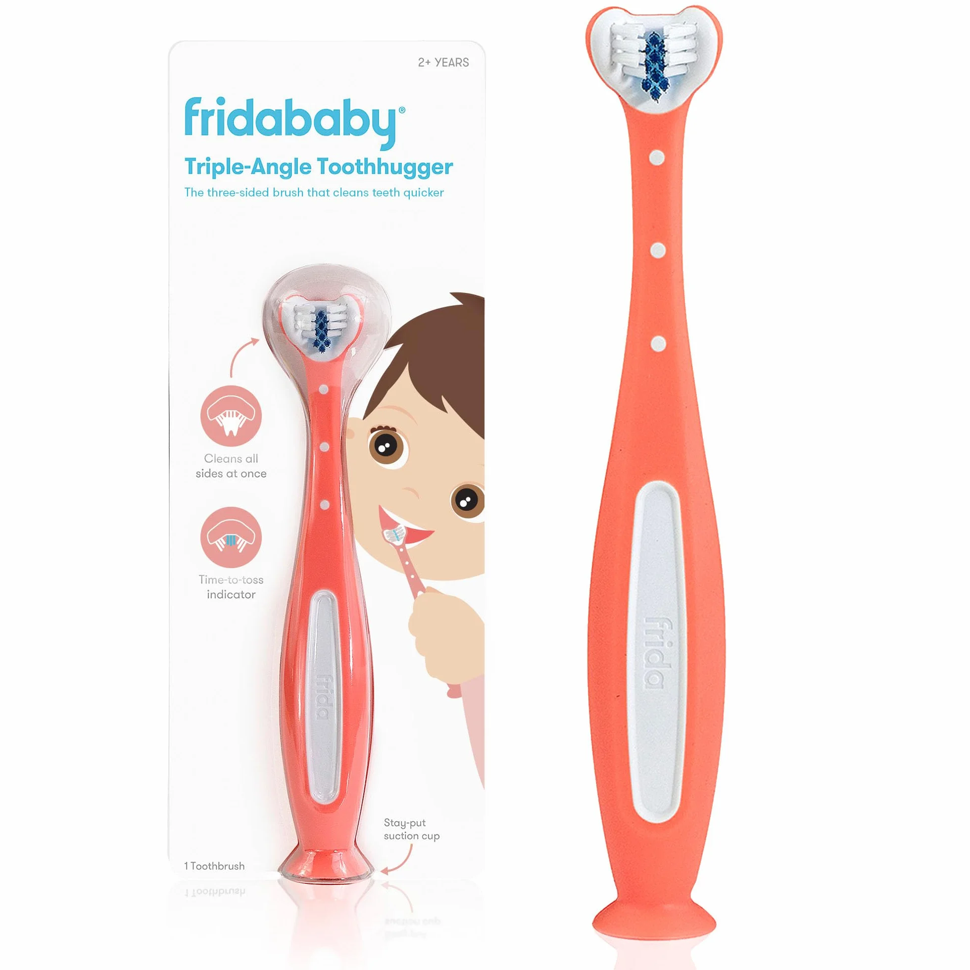 Frida Baby ToothHugger Spazzolino Bambini Triangolare – Testina 3 Lati per Pulizia Completa, Setole Morbide con Indicatore di Usura – Rosa, dai 12mesi