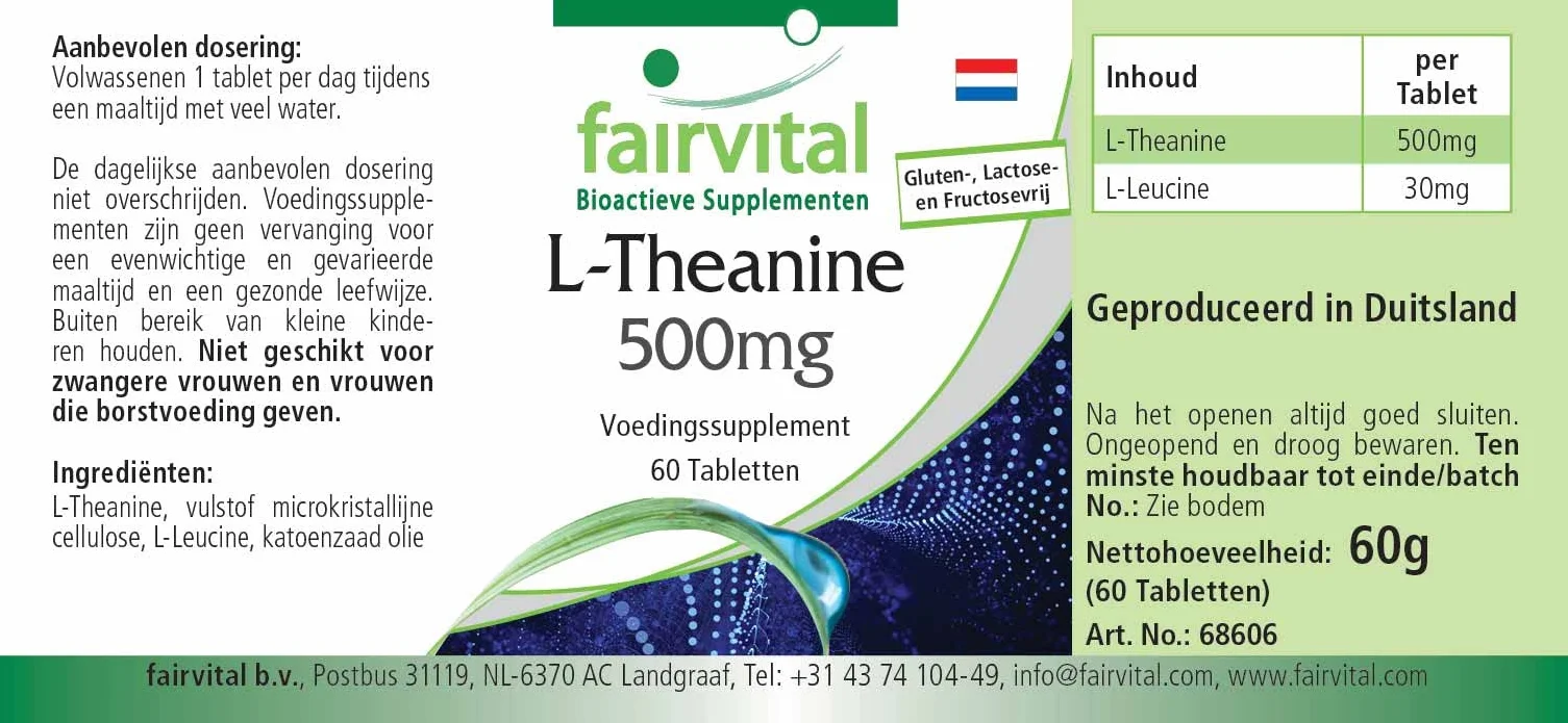 fairvital L-teanina 500 mg, 60 compresse, ALTO DOSAGGIO, VEGANO, aminoacido, facile da deglutire