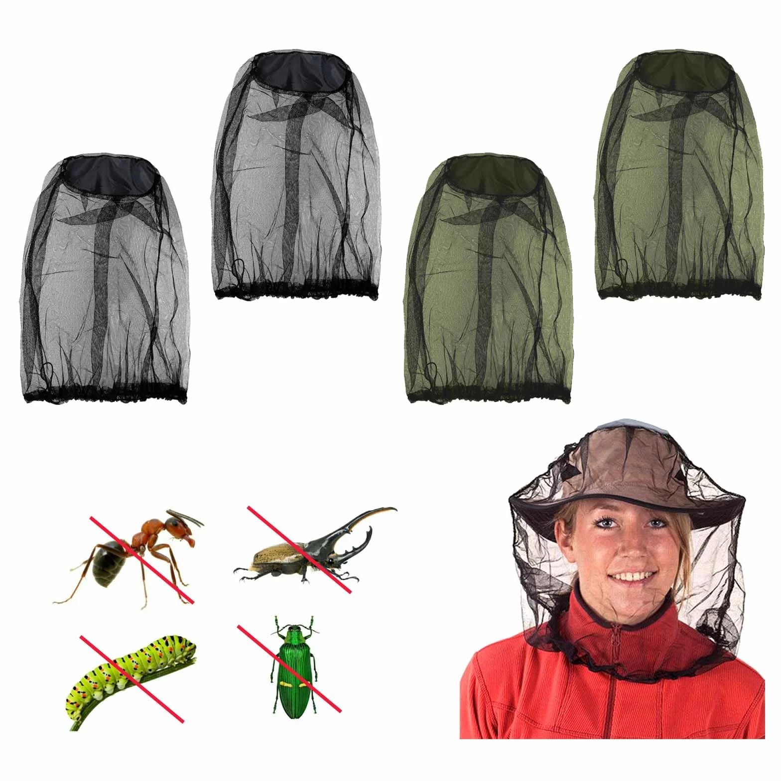 Anti-Zanzara Cappello Rete Protezione Testa Insetti Maglia Fine 4 Pezzi Nero e Verde