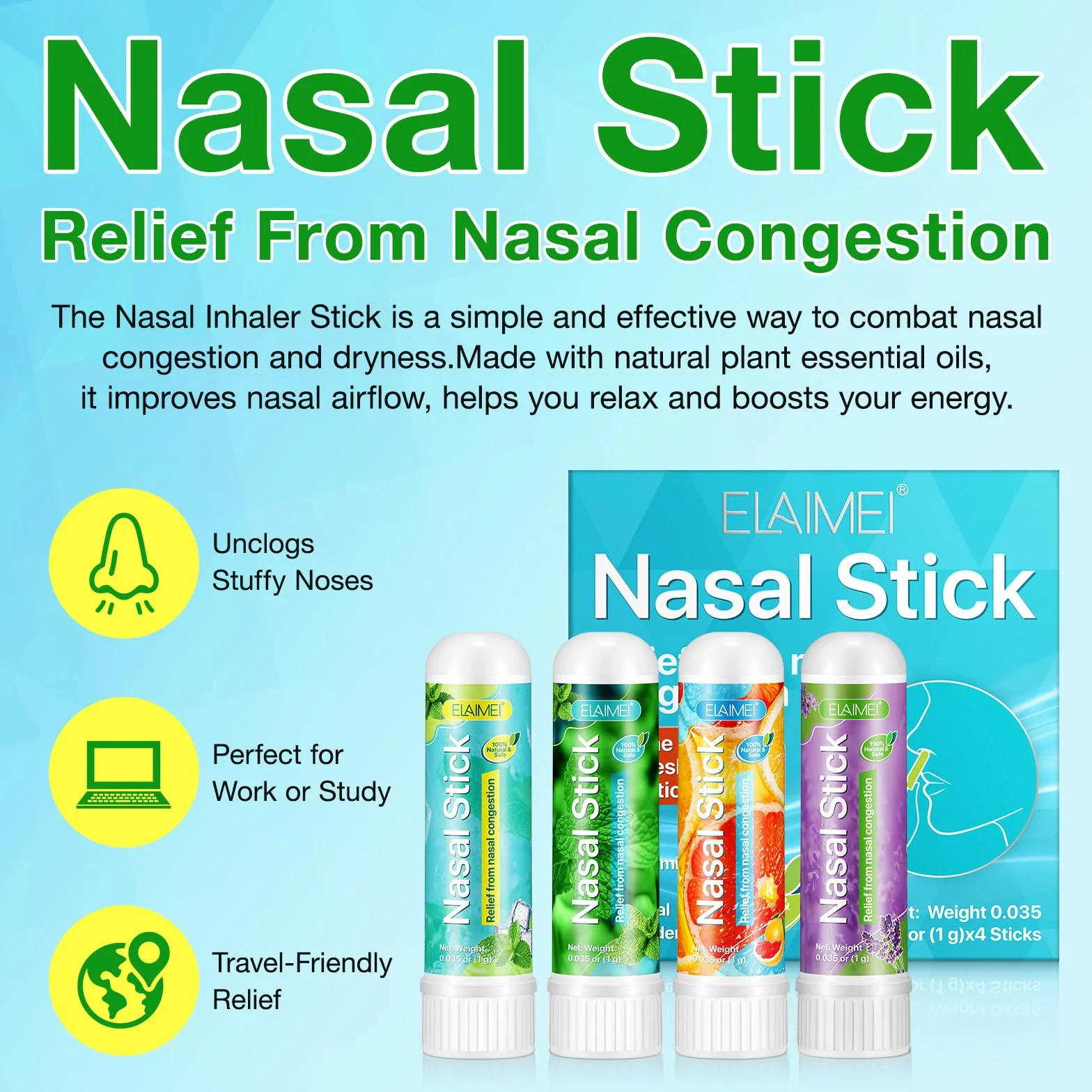 Nasal Stick 4 Pack, Inalatore Nasale, Rapido Sollievo dal Naso Chiuso, Migliora la Respirazione e Aumenta la Concentrazione, Realizzato con Oli Essenziali e Mentolo