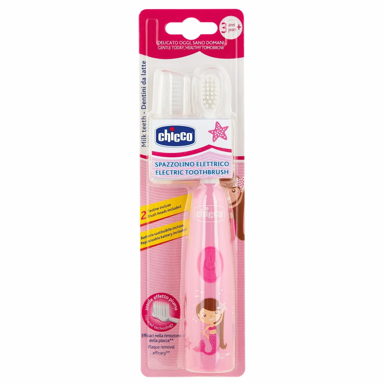 Chicco Spazzolino Elettrico Bambini, Setole Morbide, Delicato Sulle Gengive, Con Batterie Sostituibili E Testina Di Ricambio, Rosa, 3 Mesi+