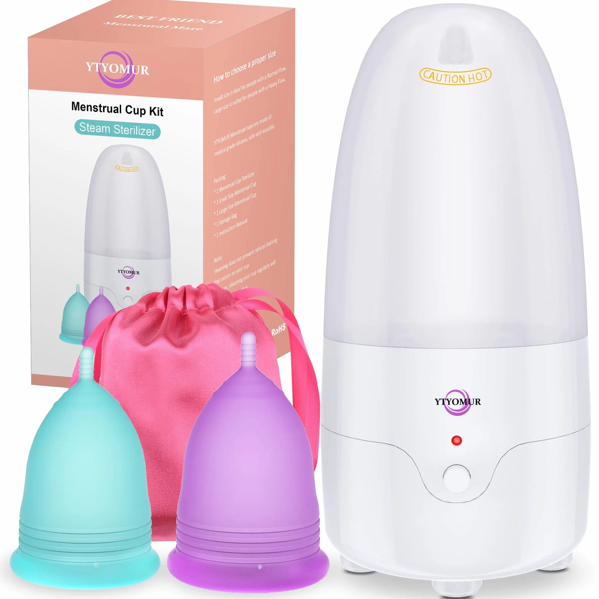 YTYOMUR Sterilizzatore a Vapore per Coppette Mestruali con 2 Coppette Mestruali Riutilizzabili, Kit di Lavaggio per Detergente per Coppe Mestruali