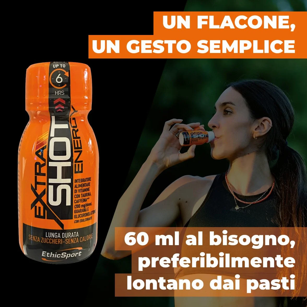 Extra Shot Energy EthicSport Energy shot Caffeina 200 mg Taurina Guaranà Vitamine B Focus concentrazione 12 flaconi 60 ml Senza zuccheri gluten free