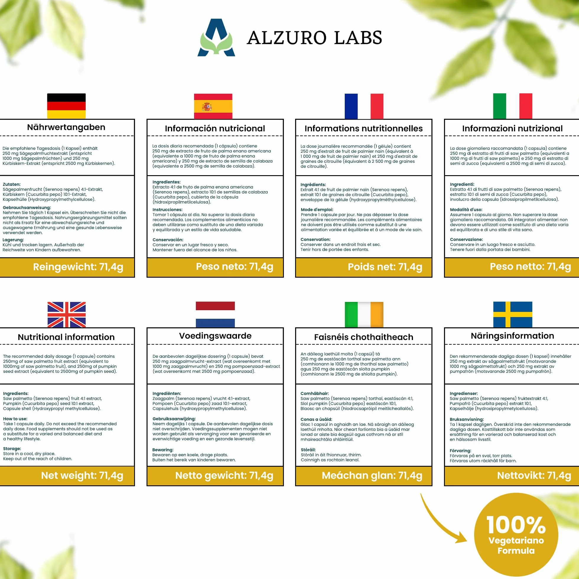 Saw Palmetto e Semi di Zucca 500mg Estratto 4:1 10:1 120 Veg Capsule 4 Mesi GMP Testato da Laboratorio Indipendente