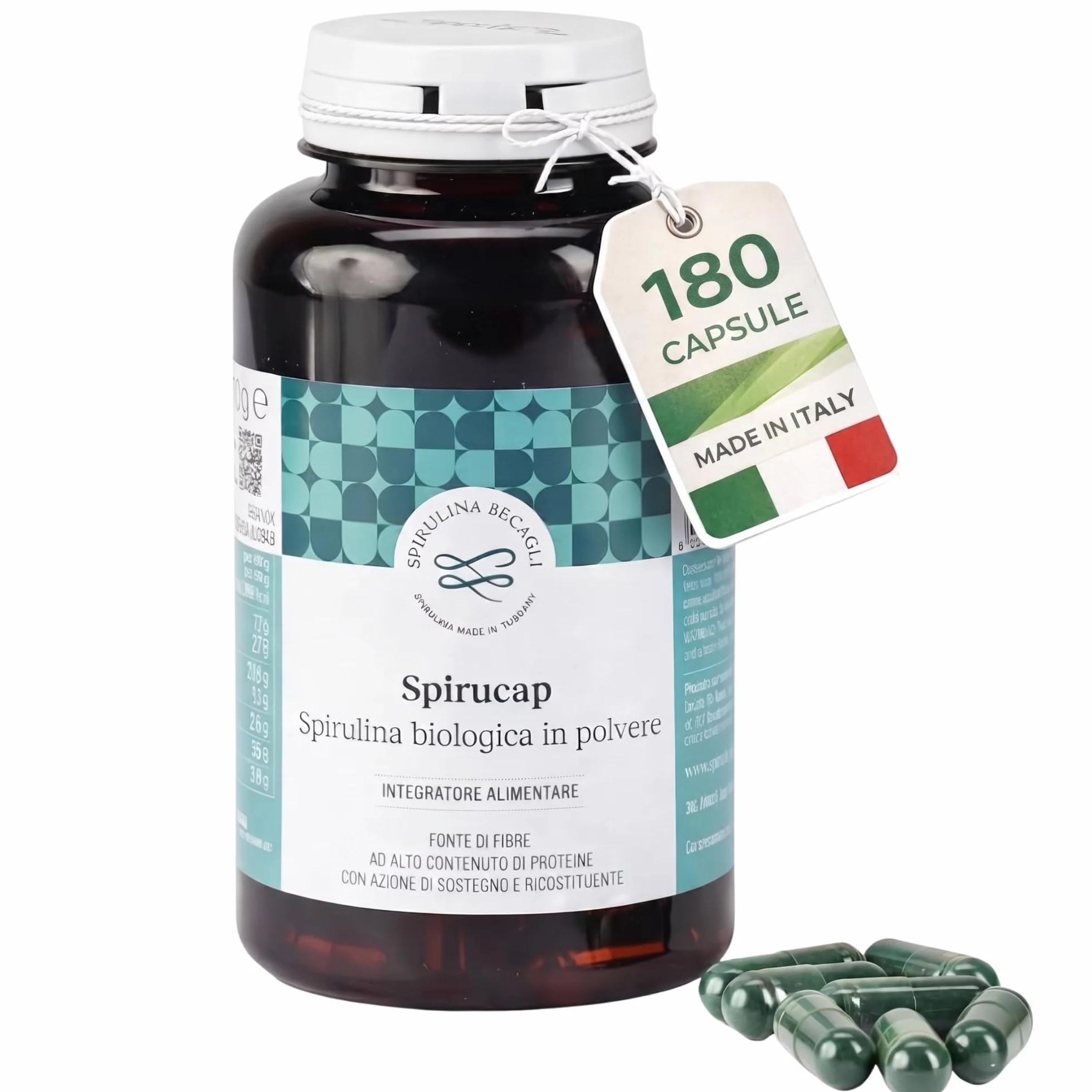 Spirulina Biologica Capsule Integratore Alimentare 100% Vegetale Coltivata in Toscana BECAGLI 180 Capsule
