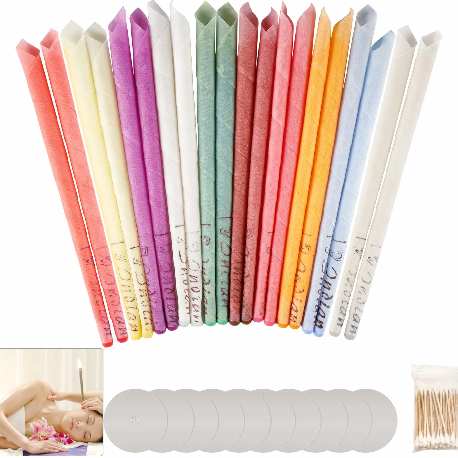 20 Pezzi 8 Diverse Fragranze Coni per Orecchie,25cm Cono Orecchie Cerume con 10 Dischi Protettivi e Tampone di Cotone,per Rimuovere la Cera Dell'orecchio,Relax e Pulizia