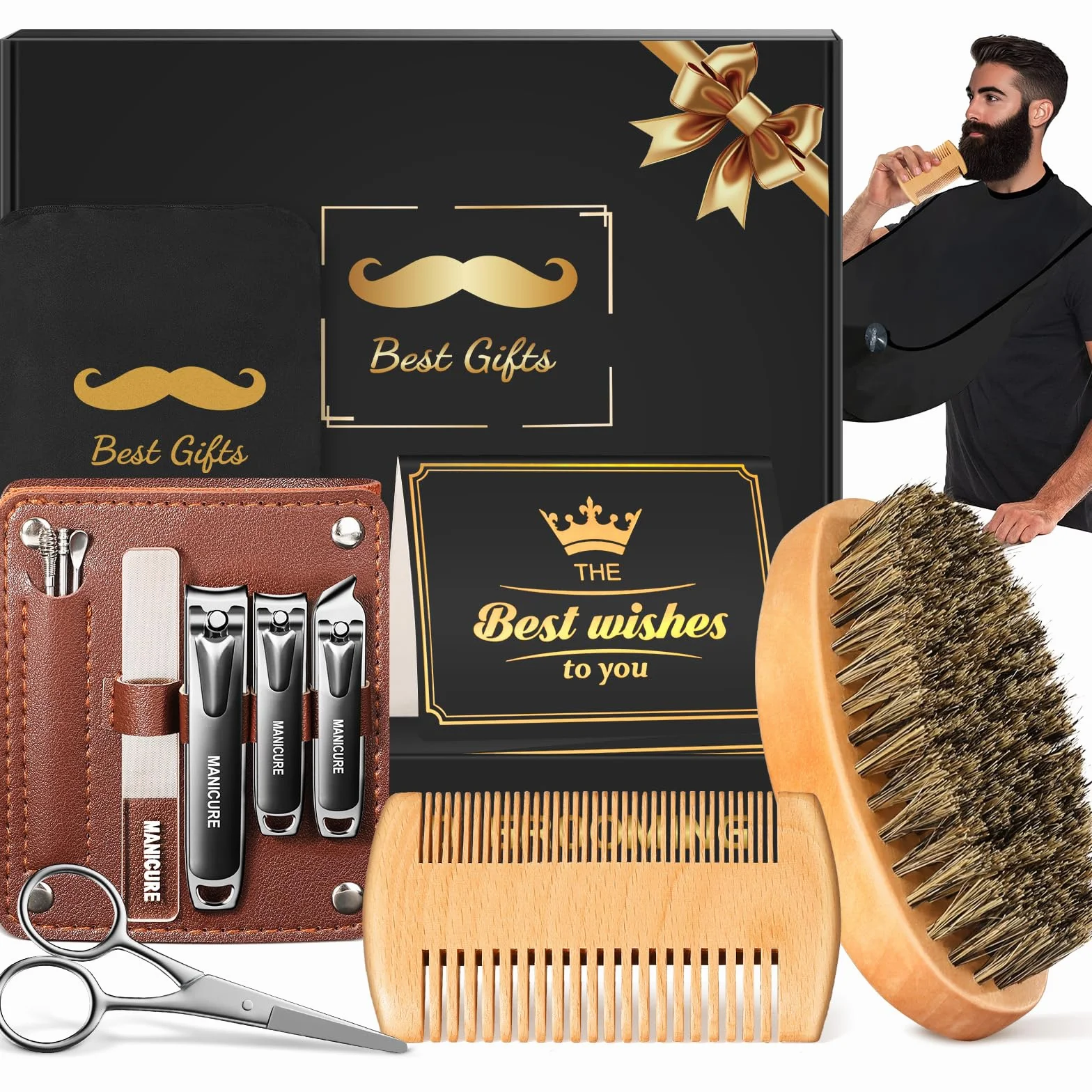 Regalo Uomo, Linkax Kit Barba Uomo con Spazzola, Pettine per Barba, Forbici, Tagliaunghie, Regali Compleanno per Papà Fidanzato Marito Padri, Cofanetto Regalo Festa del Papà per Lui